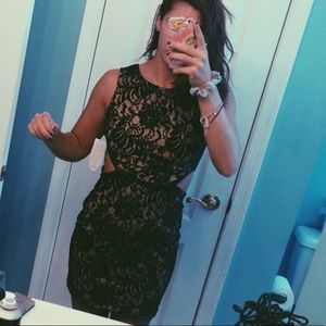 Beige and black lace mini dress